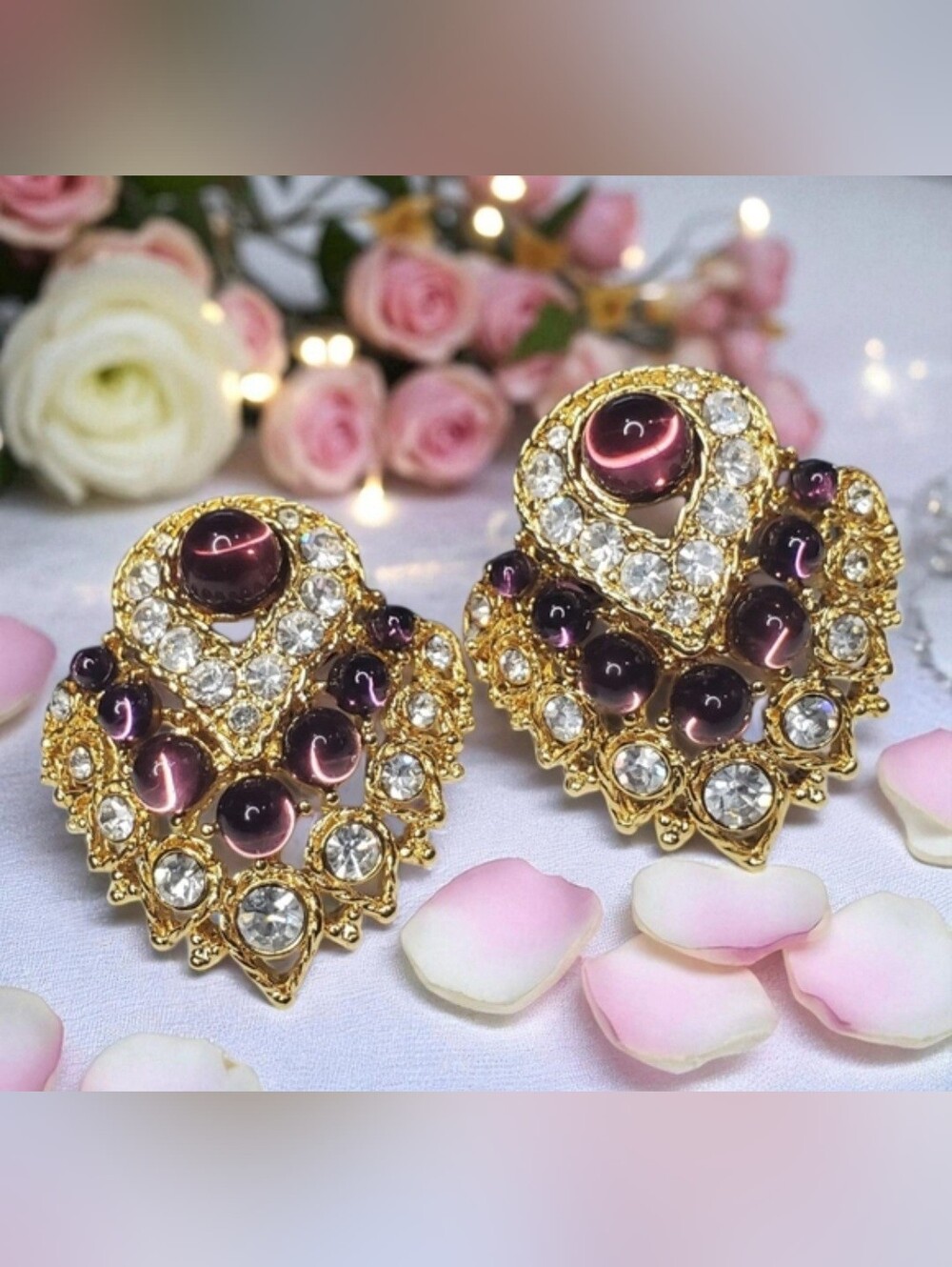 Nolan Miller Vintage Amethyst Glass Cabochon Swarovski Crystal Clip-on Earrings